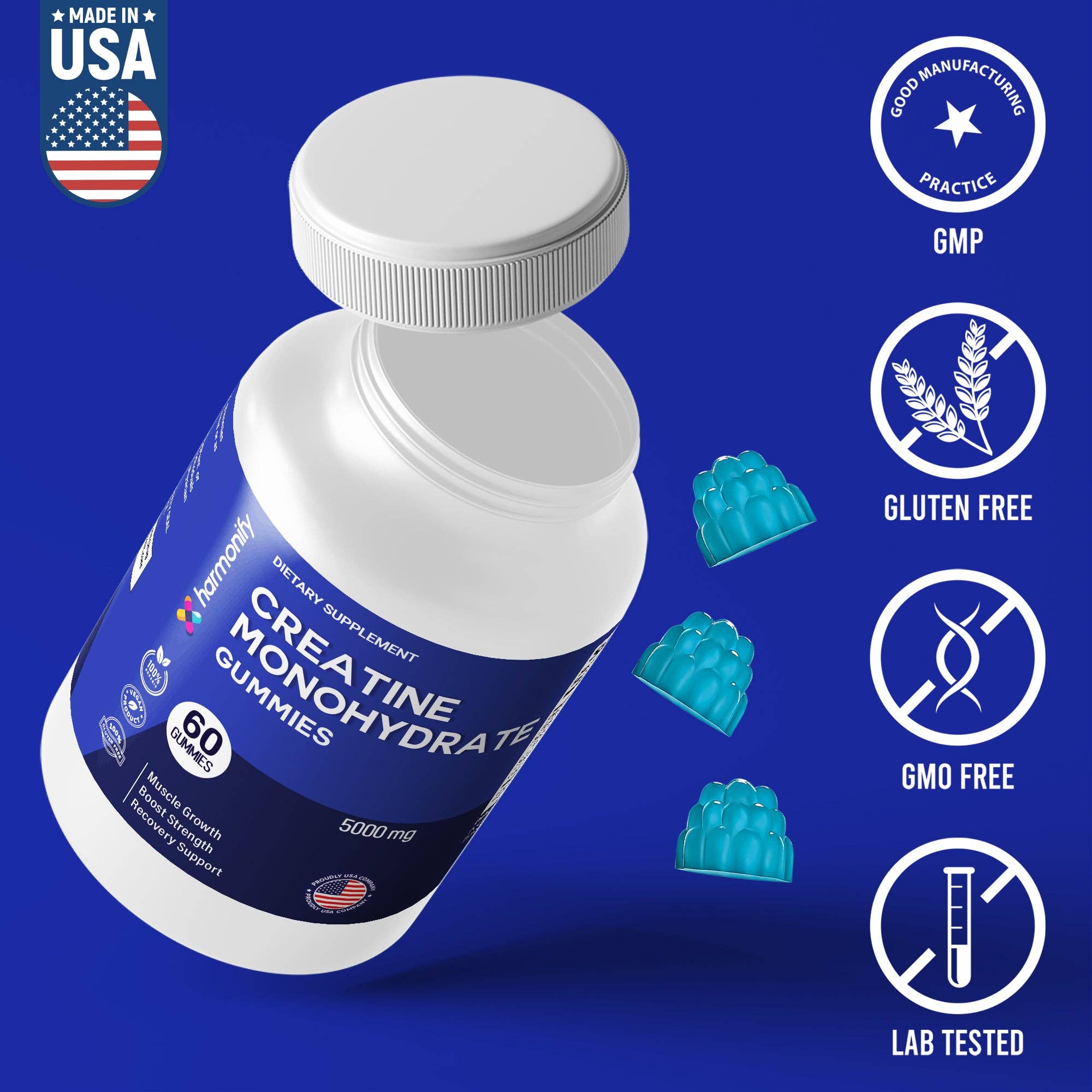 HARMONIFY - Vendita all'ingrosso Vitamine/integratori orali - HARMONIFY Gommose di Creatina Monoidrato 5000mg – Crescita Muscolare, Forza e Supporto al Recupero – Vegane, Senza Glutine, Non OGM – 60 Gommose4