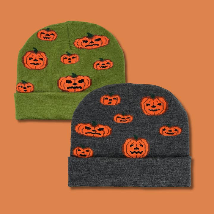 Halloween Jack-O-Lantern Knit Beanie Hat for wholesale by Pixelknit