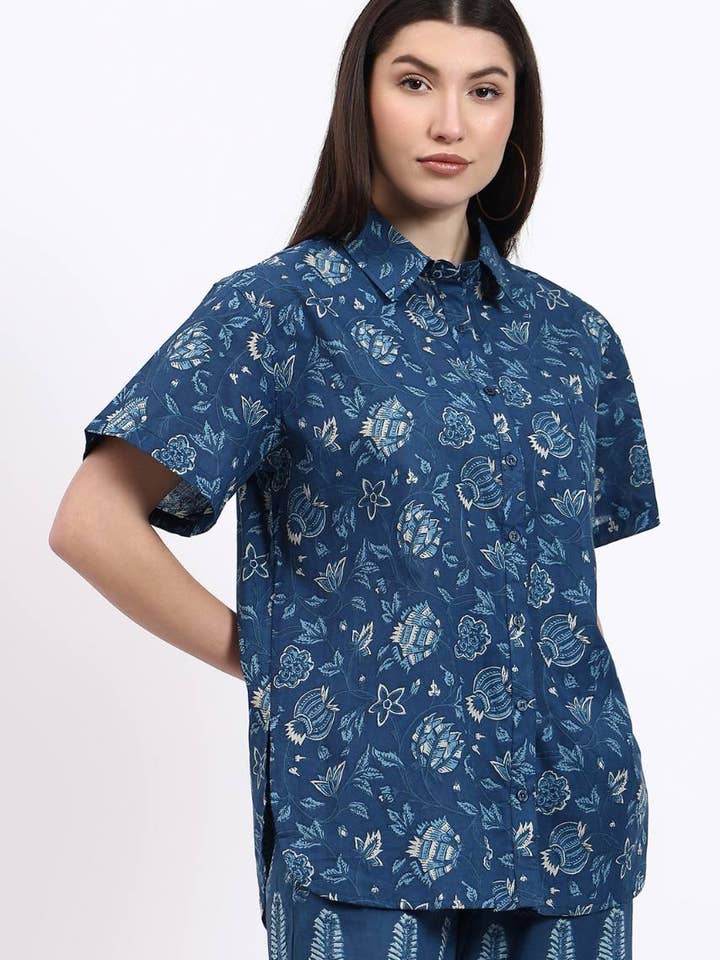 Hi Handmade - Wholesale Buttoned-down shirt – Women's - Coord Shirt Pant Set - Blue2