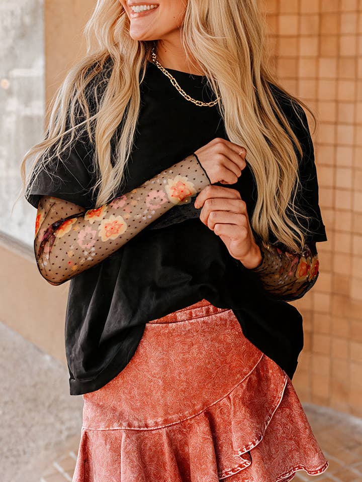 Black Faux Two Piece Floral Long Sleeve Patchwork Tee and other Purchase Wholesale tshirt romper. Free Returns & Net 60 Terms on Faire trending on Faire.