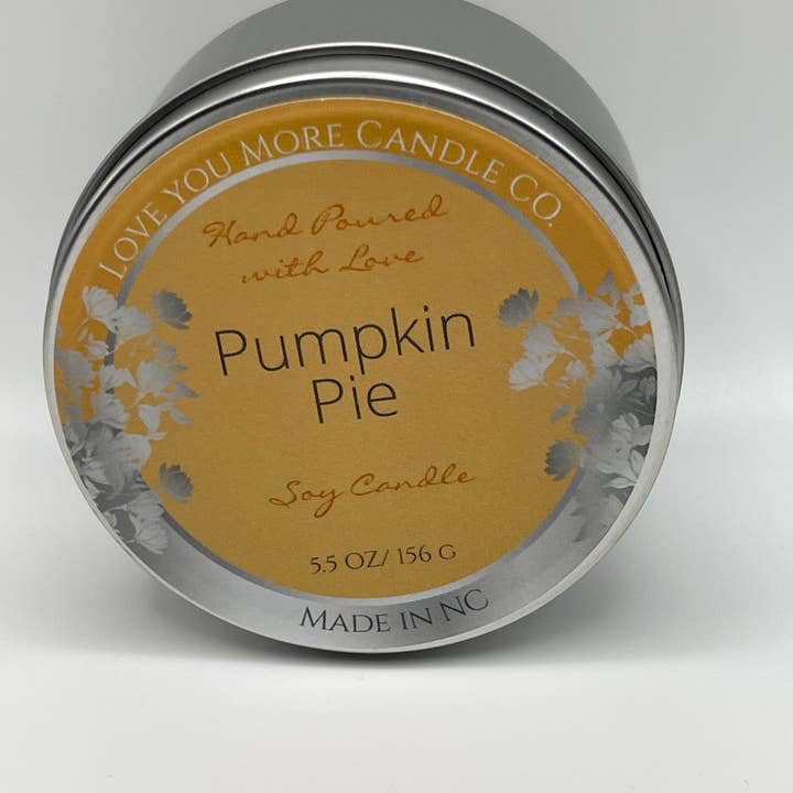 Pumpkin pie soy candle 8 oz tin for wholesale by Love You More Candle Company