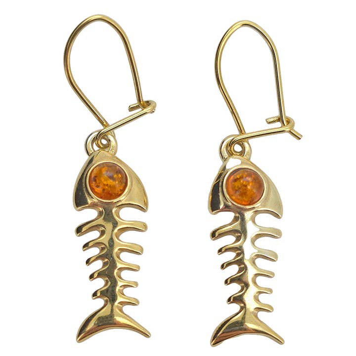Boucles d'oreilles arête de poisson en argent plaqué or avec ambre, sur crochets pour la vente par Amberman