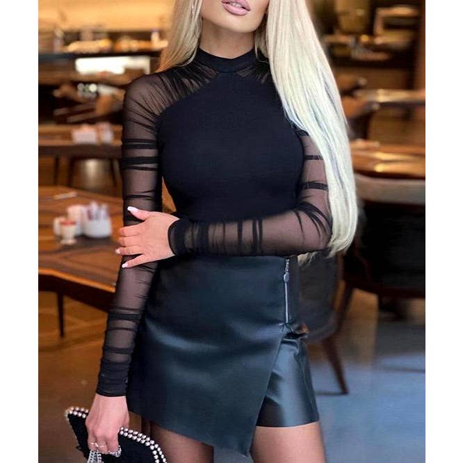Rosa Clothing - Wholesale Bodysuit - Women's - Round-neck mesh long-sleeved bodysuit