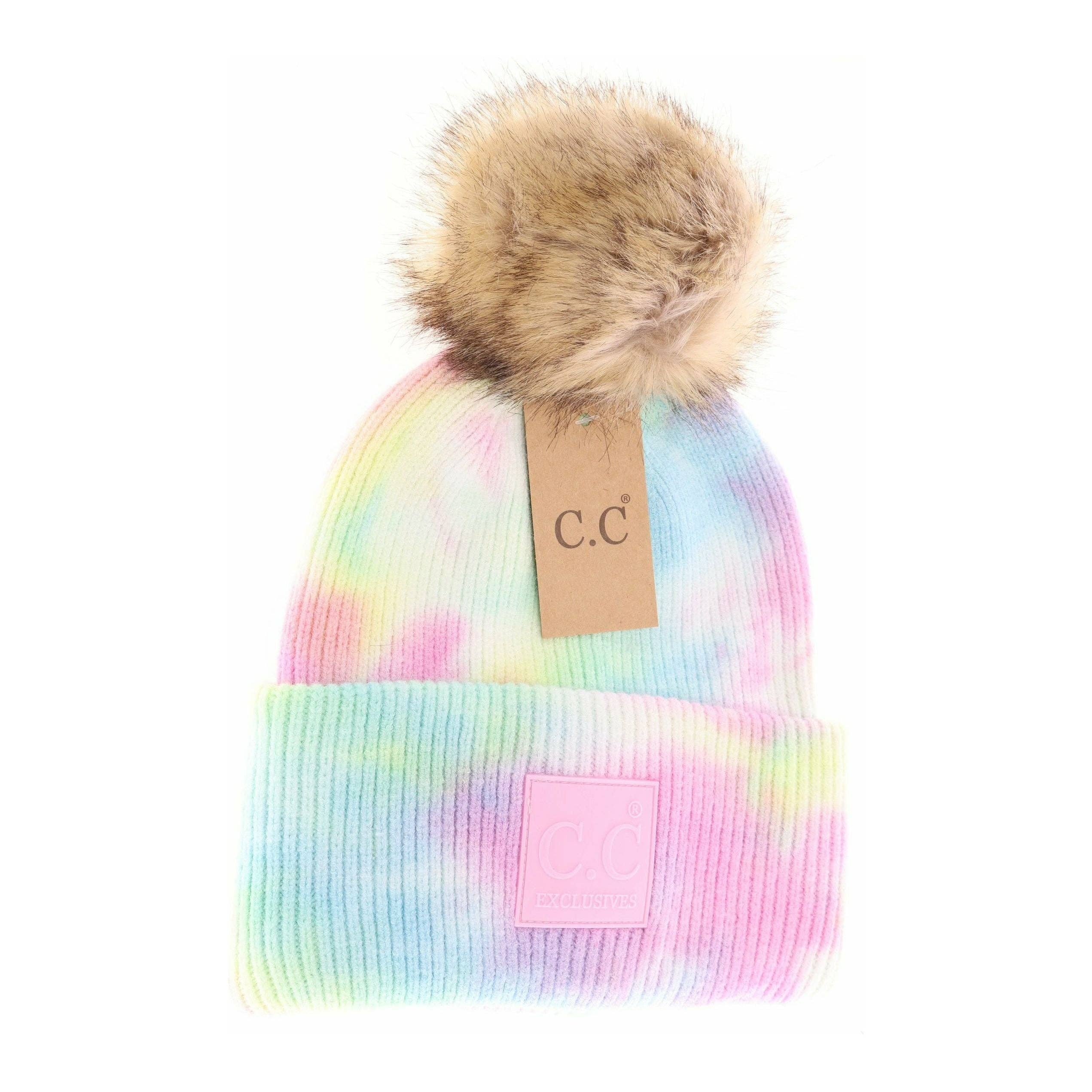 C.C Beanie - Wholesale Beanie - Women's - Tie Dye Fur Pom C.C Beanie HAT7380POM0