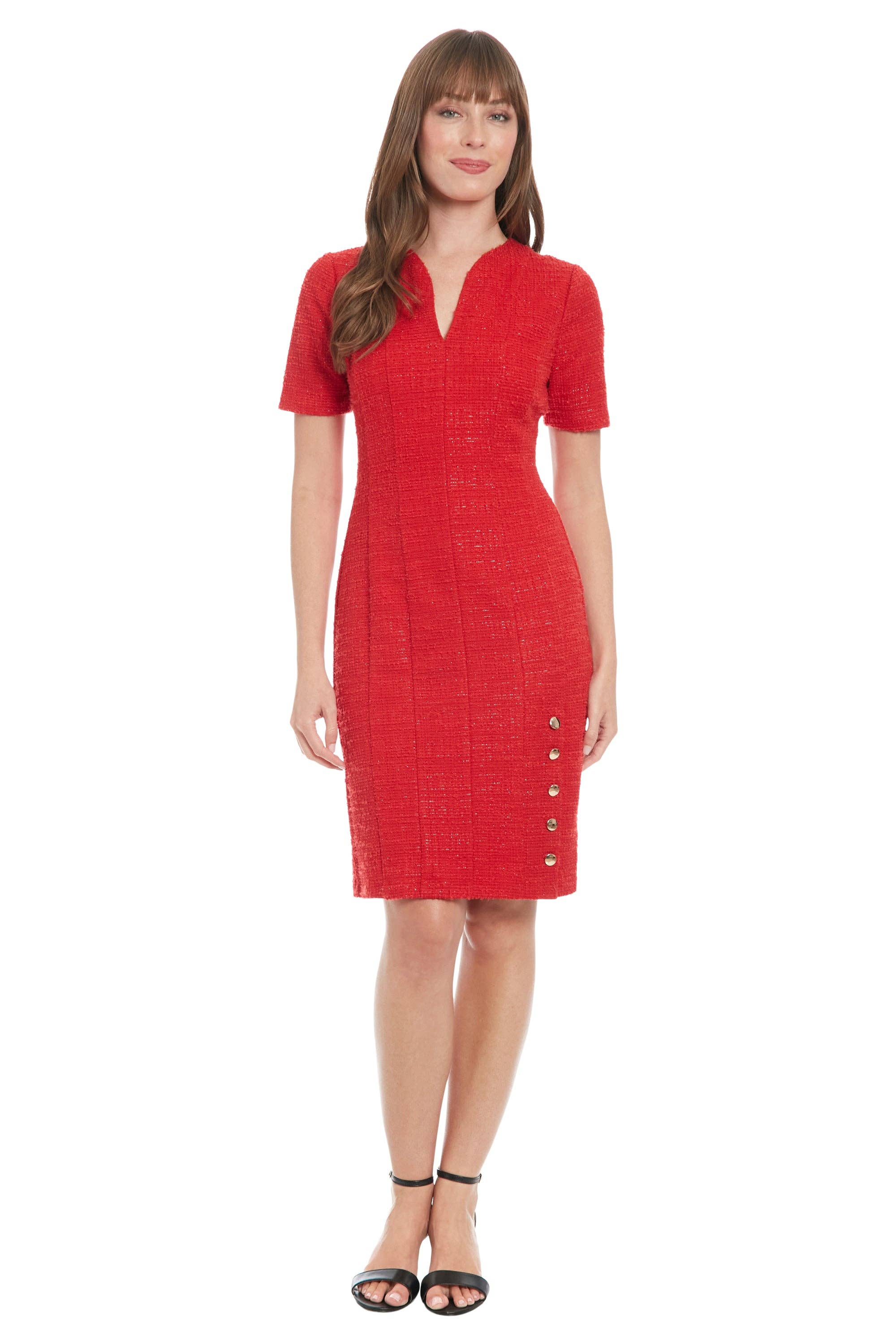 Maggy London Group - Wholesale Dress - Women's - CURVED NECKLINE SHORT SLEEVE SHEATH WITH BUTTONS