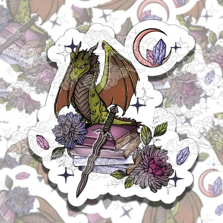 Autocollant en vinyle mignon et coloré de lecteur de dragon fantastique pour la vente par Sticky Sadness Designs
