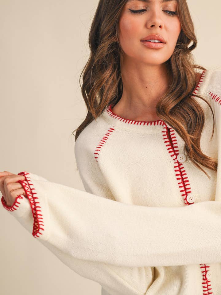 &MERCI - Wholesale Cardigan - Women's - CONTRAST BLANKET STITCH SWEATER CARDIGAN MSW1119620