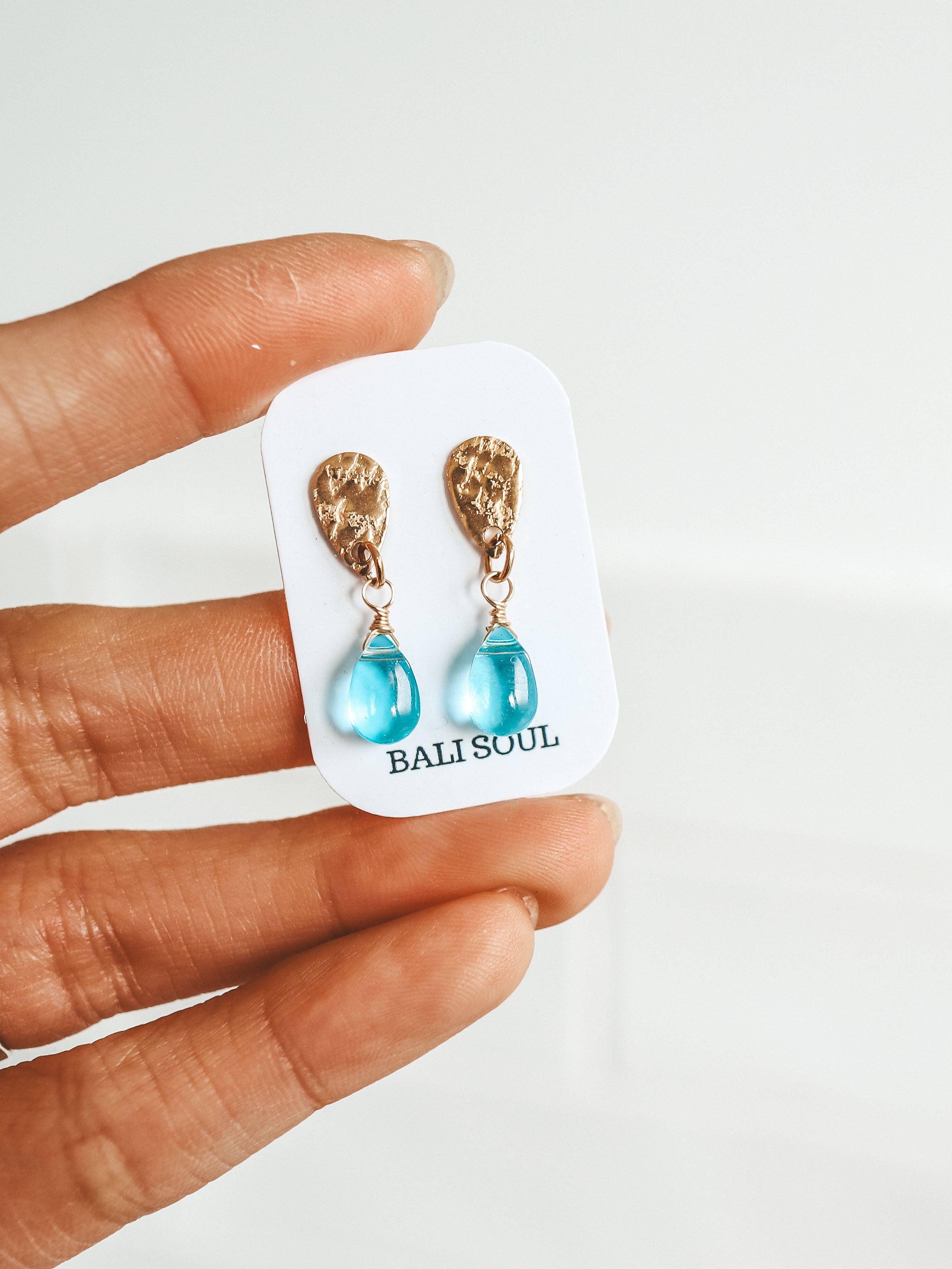 Bali Soul - Wholesale Dangle Earrings - Blue Breeze Glass Teardrop Stud Gold Earrings1