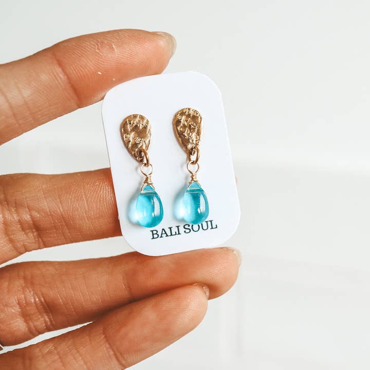 Bali Soul - Wholesale Dangle Earrings - Blue Breeze Glass Teardrop Stud Gold Earrings1