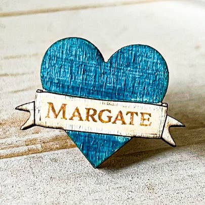 Mini Blue Heart with Scroll Custom Pin Badge Brooch for wholesale by Gorgeous Little Bits Ltd