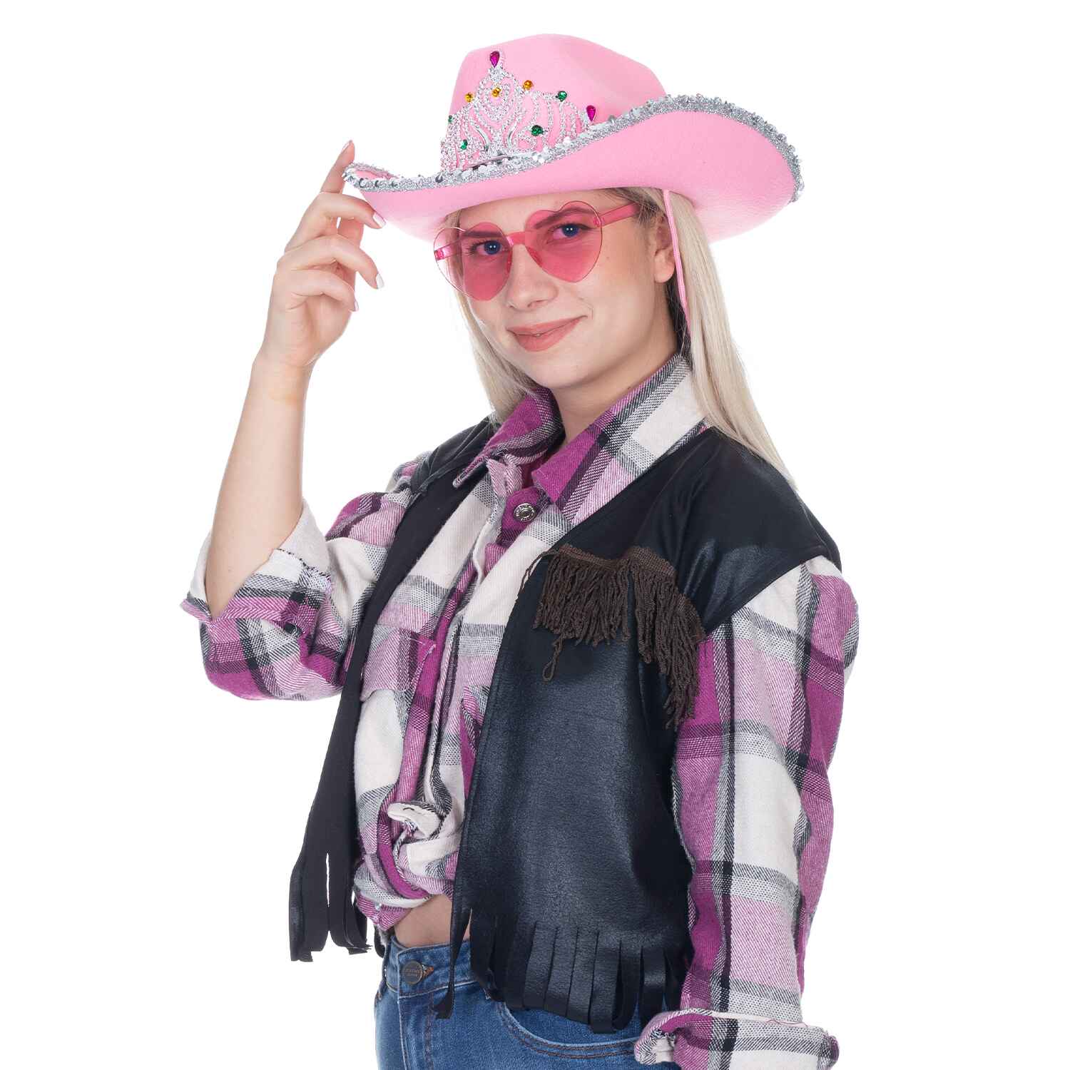 Funcredible - Wholesale Cowboy Hat - Women's - Pink Cowgirl Hat with Glasses - Pink Cowboy Hat with Crown3