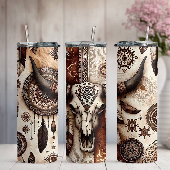Boho Cow Skull Western Rodeo 20oz/30oz Skinny Tumbler for wholesale by Honey Jar Creations