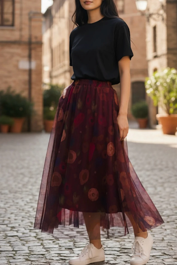 LOOWIE - Wholesale Skirt - Women's - ELFMSBU Italian One Size Romantic Burgundy Tulle Midi Skirt0