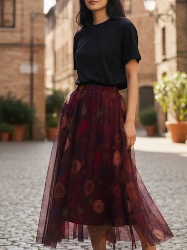 LOOWIE - Wholesale Skirt - Women's - ELFMSBU Italian One Size Romantic Burgundy Tulle Midi Skirt0