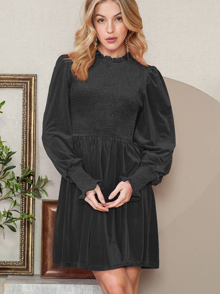 Vestido preto com manga lanterna com folhos e folhados por atacado de EG fashion