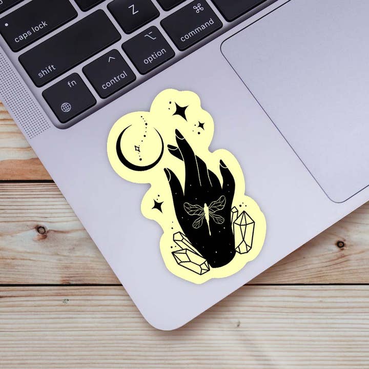 Mystic Crystals, Dragonfly, Moon, and Stars Sticker - Yellow for wholesale by Big Moods