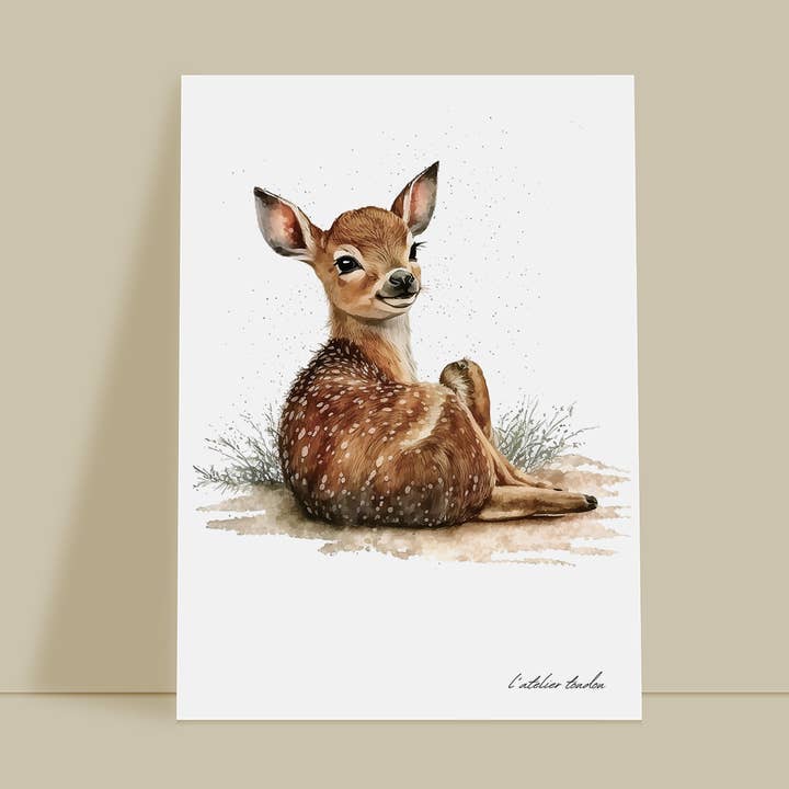 Muurdecoratie voor de slaapkamer van babyherten - realistisch aquarel dierenthema voor wholesale door L'atelier Toudou