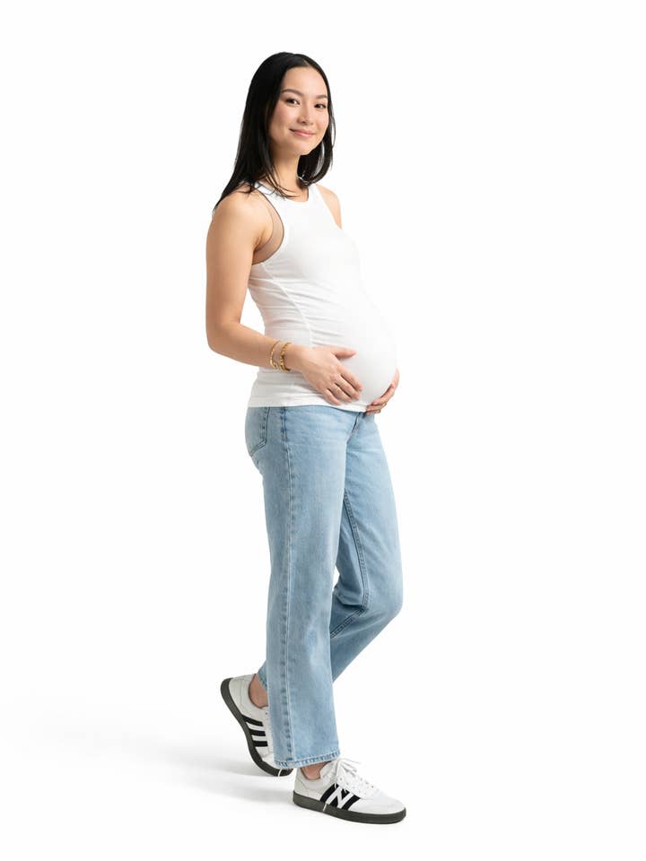 Maternity 28" Dad Jean w/ Bellyband in Flora for wholesale by 1822 Denim