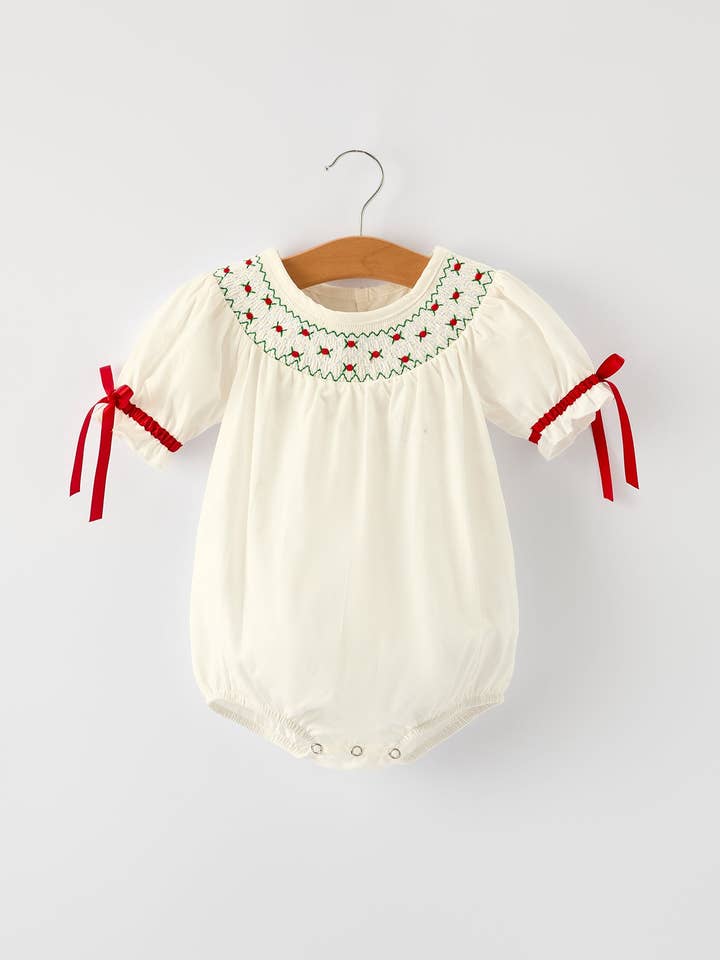 Christmas Girl's Romper : Delicate Embroidery with Red Bow Details for wholesale by Rylee Faith Designs
