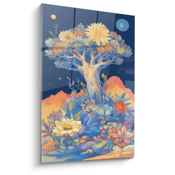 Tableau arbre fleuri nocturne - Jardin céleste - édition Iles et archipels pour la vente par Walensky