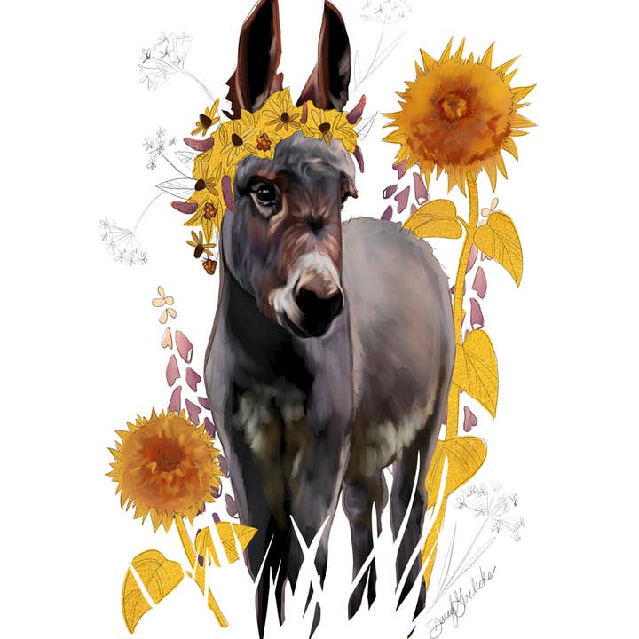 Sunflower Donkey | Stampa per la vendita all'ingrosso da parte di Whimsical Art by Darcy Goedecke