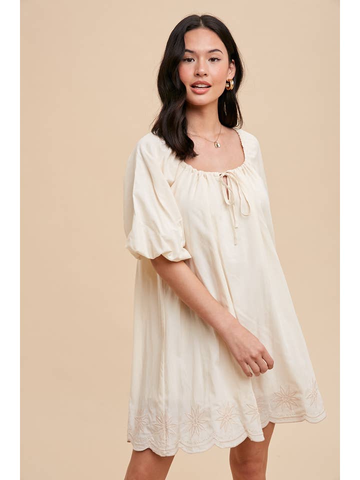 APRICOT CRUSH PUFF SLEEVE EMBROIDERED COTTON MODAL DRESS for wholesale on Faire