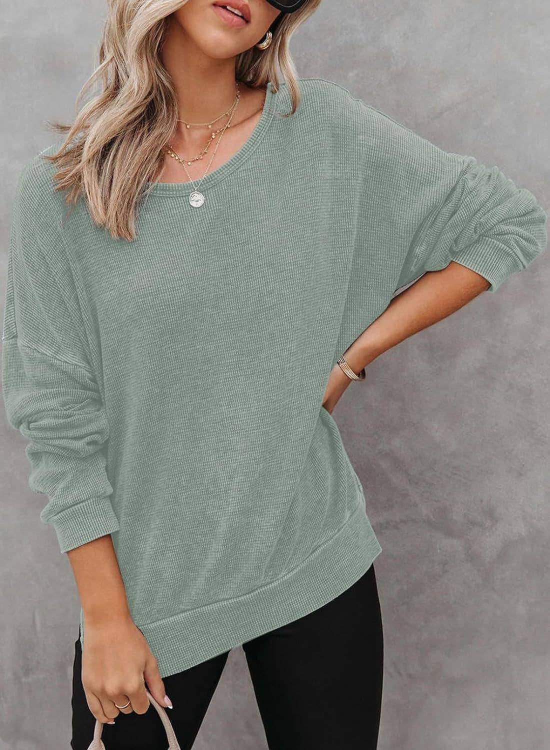 Masyal - Wholesale Sweatshirt - Women's - Autumn Round Neck Long Sleeve Waffle Sweatshirt T-Shirt11