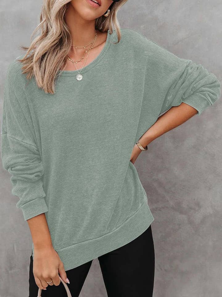 Masyal - Wholesale Sweatshirt - Women's - Autumn Round Neck Long Sleeve Waffle Sweatshirt T-Shirt11