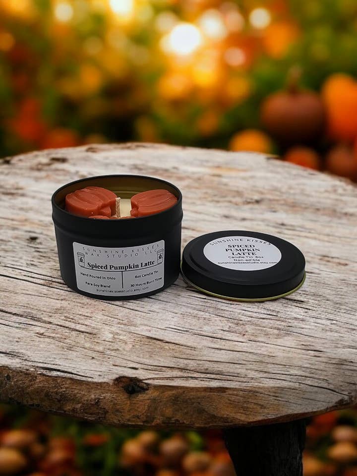 Spiced Pumpkin Latte 6oz Candle Tin for wholesale by Sunshine Kisses Wax Studio LLC
