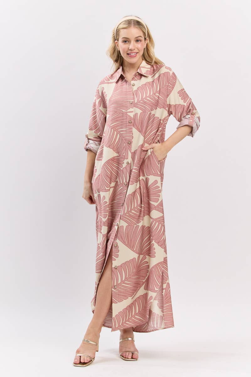 B I G H I T Fashion - Wholesale Dress - Women's - Palm Print Button-Down Maxi Dress HD3104-BLUSH1