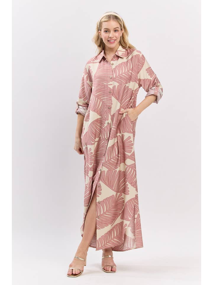B I G H I T Fashion - Wholesale Dress - Women's - Palm Print Button-Down Maxi Dress HD3104-BLUSH1