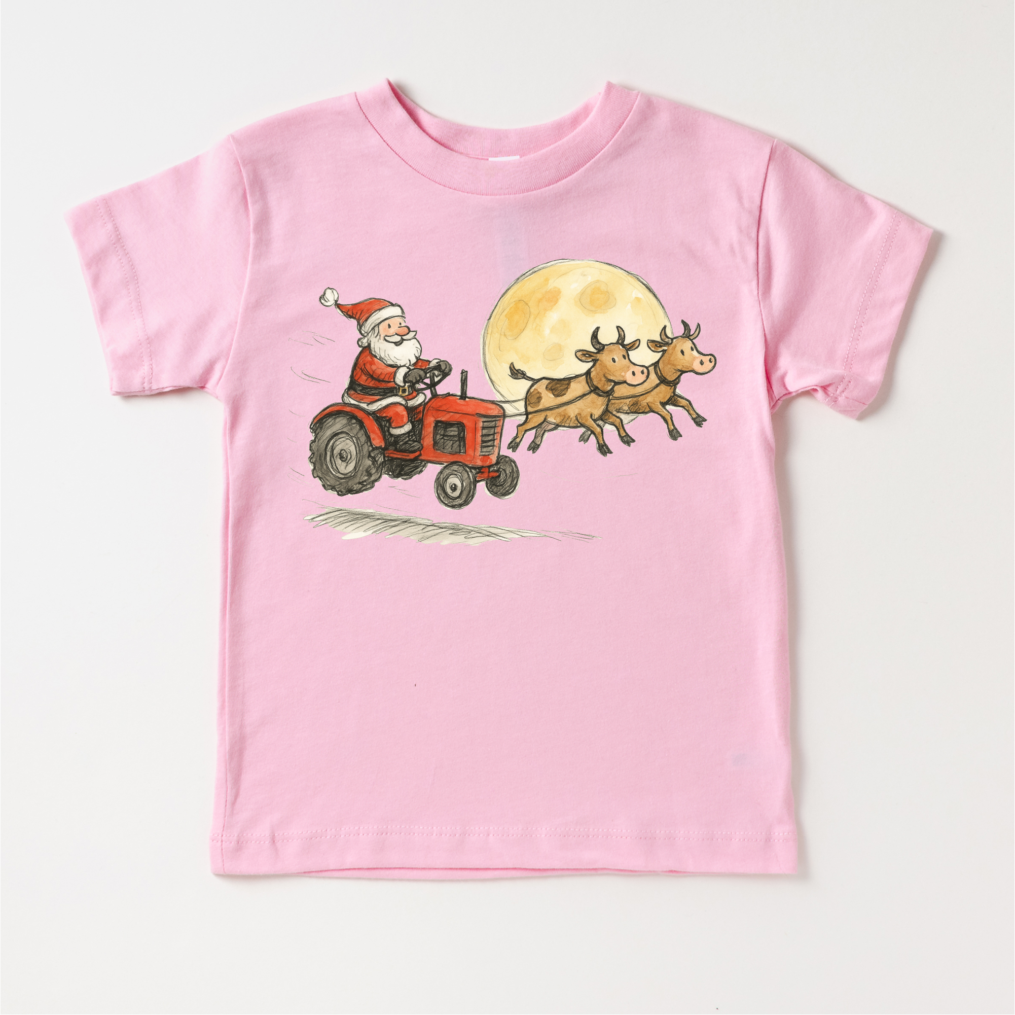 Madi Moosh – T-shirts estampadas – Criança por atacado – Camisola de Natal Infantil - Trator do Pai Natal e Vacas na Quinta2