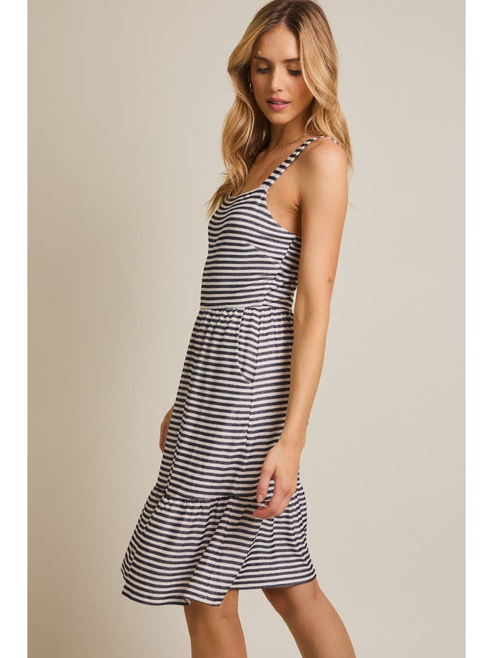 STRAP SIDE POCKET TIREDED STRIPE DRESS for wholesale on Faire