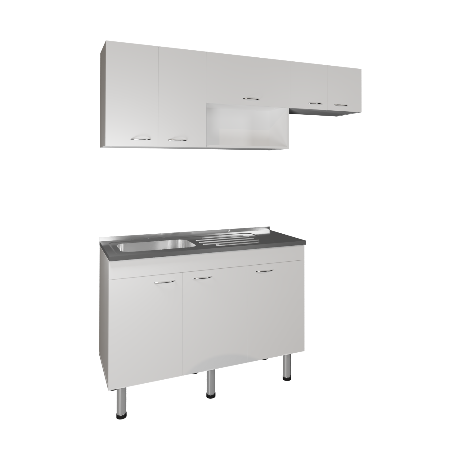 Blanc Ensemble de meubles de cuisine Oceana 2 pièces avec évier en acier inoxydable, huit étagères, base à trois portes, armoire murale à cinq portes, cuisine, armoire de rangement, garage en vente sur Faire3
