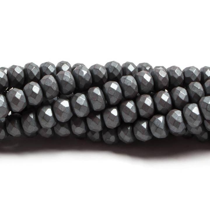 4mm Matte Hematite faceted rondelle beads 15 inch 130 pieces for wholesale by The Bead Traders