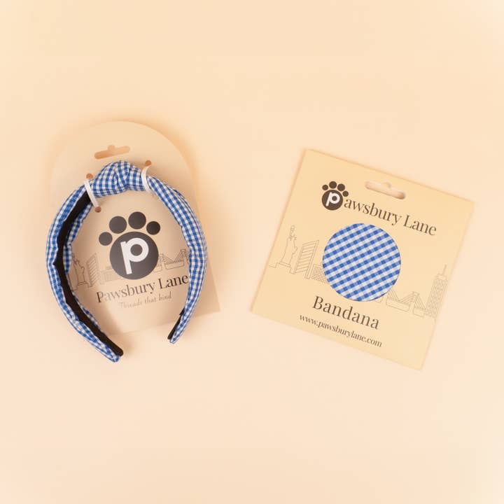 Pawsbury Lane - Wholesale Pet Bandana - Dog - Matching Dog and Owner : Headband and Bandana - Blue Gingham