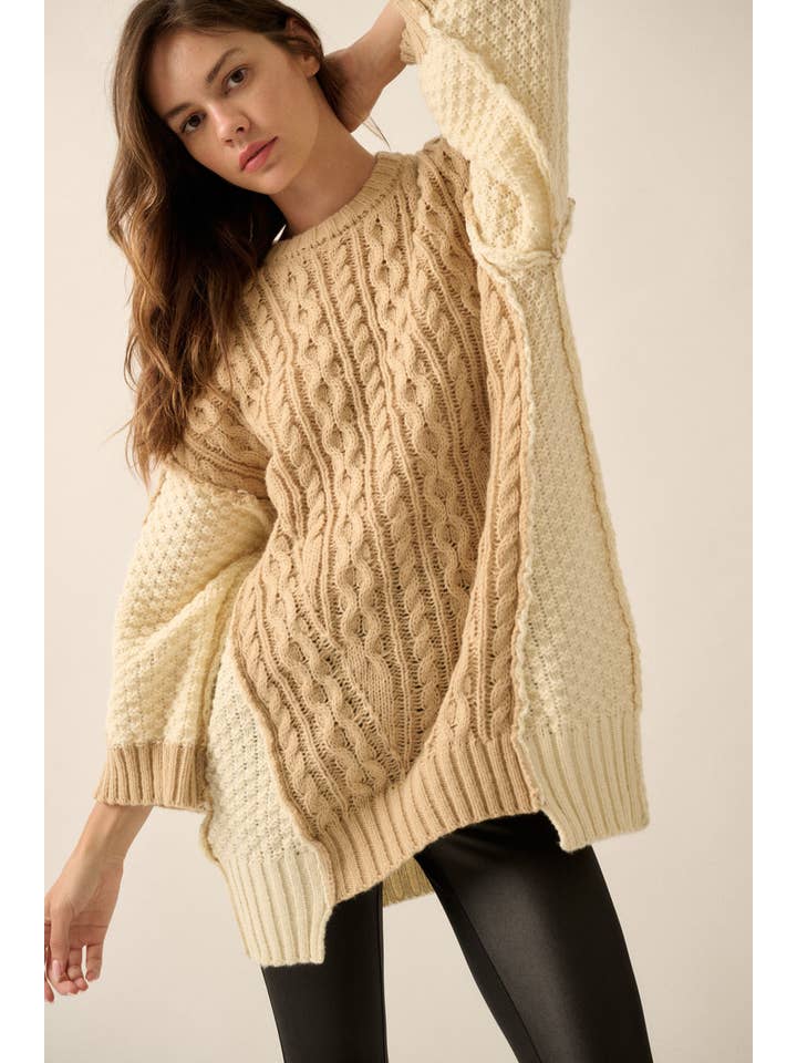 Promesa USA - Wholesale Knit Sweater - Women's - Colorblock Round-Neck Cable-Knit Oversize Sweater24