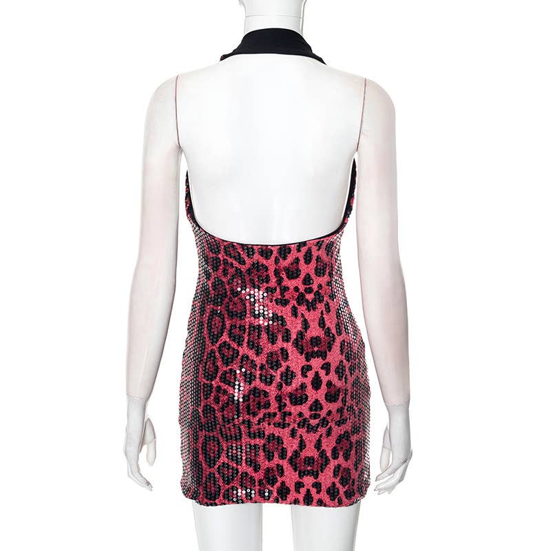 BELLISSIMA FASHION - Wholesale Dress - Women's - Leopard Print Halterneck Backless Bodycon Mini Dress(C)17