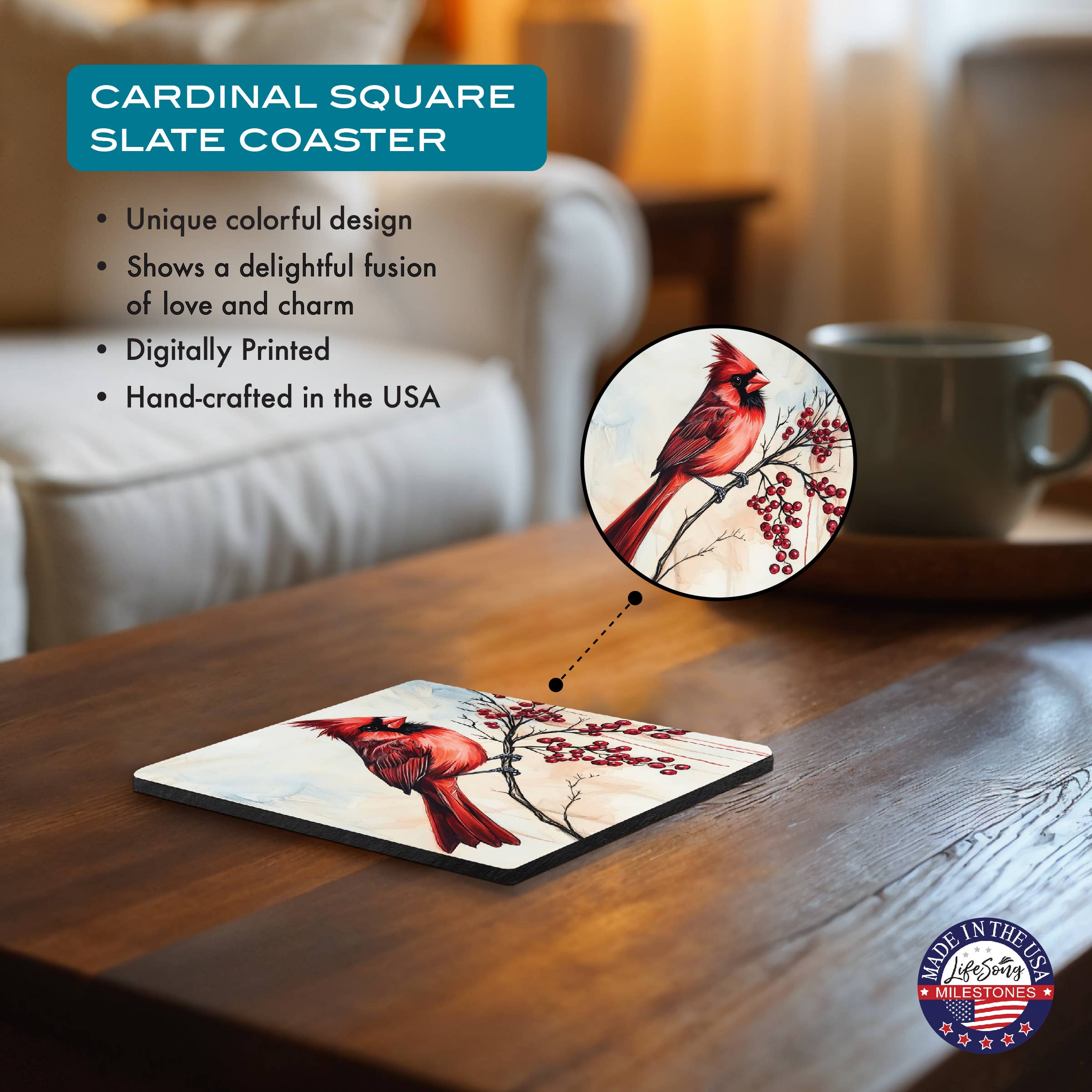 LifeSong Milestones - Wholesale Coasters - Cardinal Bird Slate Drink Coasters – Set of 4 for Hot Drinks3
