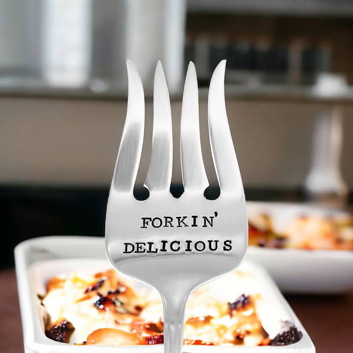 Forkin' Delicious Hand Stamped Vintage Serving Fork for wholesale by The Talking Teaspoon