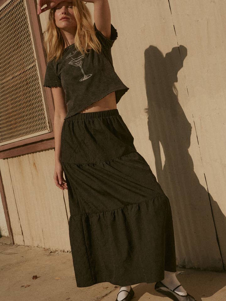 Tiered Ruffle Wrinkle-Texture Woven Maxi Skirt for wholesale by Promesa USA