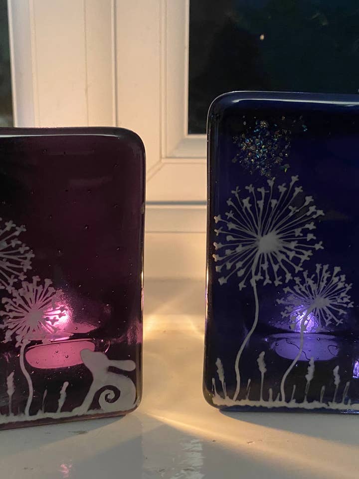 Purple Moon Hare & Dandelion T Light Holder for wholesale by Ally Glass Studio