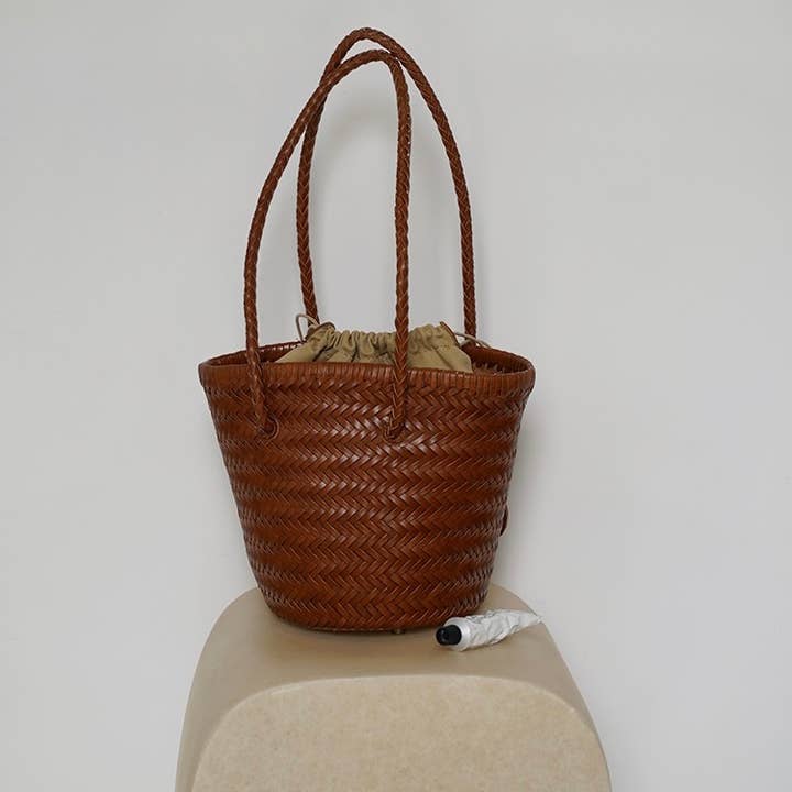 Sook Stainable - Wholesale Beach Bag - Carmel- Handwoven Genuine Leather Bucket BagÂ