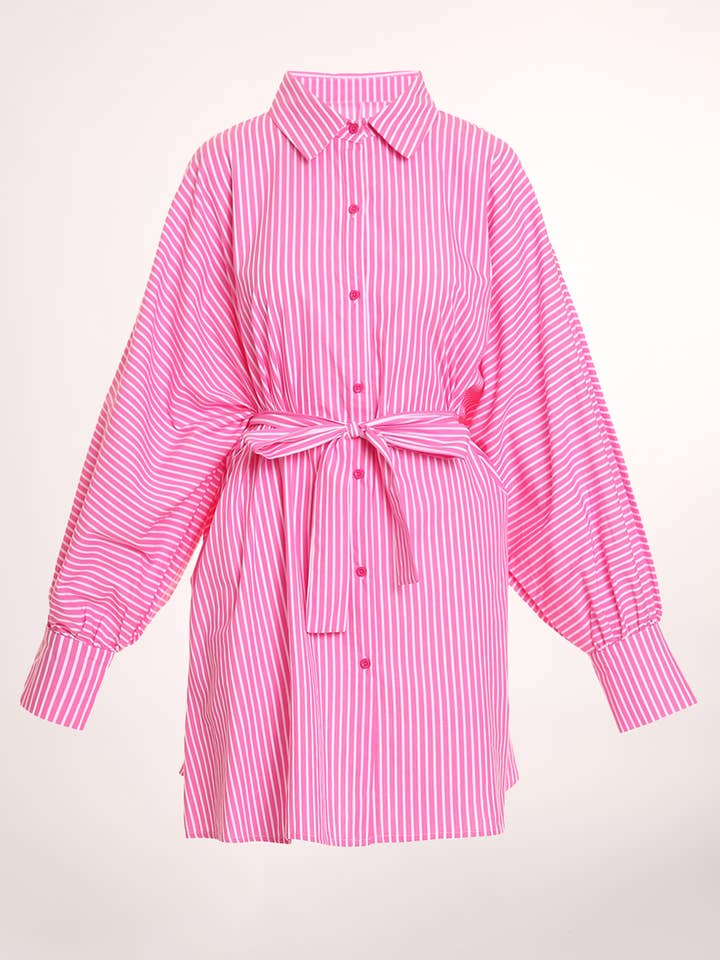 Stripe Pattern Print Belted Midi Shirt Dress PC3895 for wholesale by Beulah Style