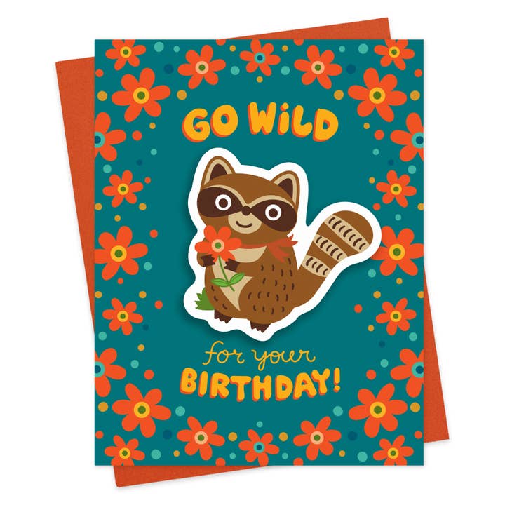 Wild Raccoon Sticker Birthday Card for wholesale by Night Owl Paper Goods