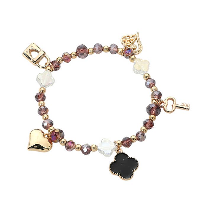 Sensibling Corp. - Wholesale Charm/Dangle Bracelet - Quatrefoil Heart Lock Key Charm Faceted Beaded Bracelets