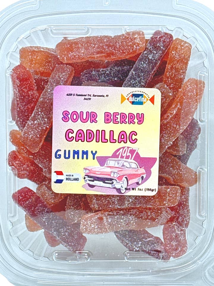 Sour Berry Cadillacs Gummy 7oz Tub for wholesale by Dulcefina Chocolate and Sweets