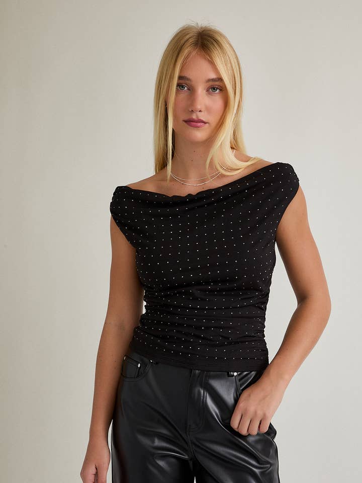OFF THE SHOULDER TOP WITH RHINESTONES for wholesale by LE LIS