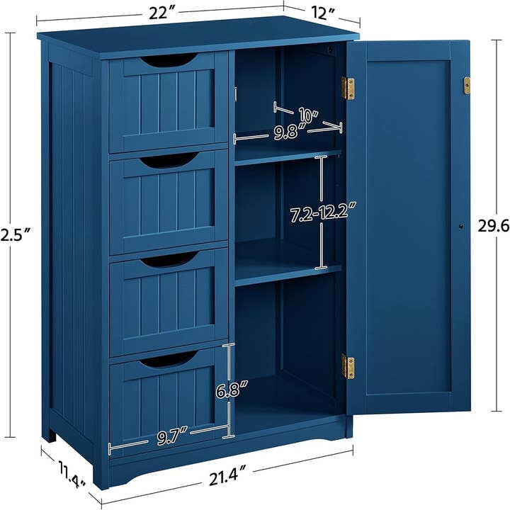 Navy Blue Wooden Bathroom Floor Cabinet With 4 Drawers And Cupboard for wholesale on Faire2
