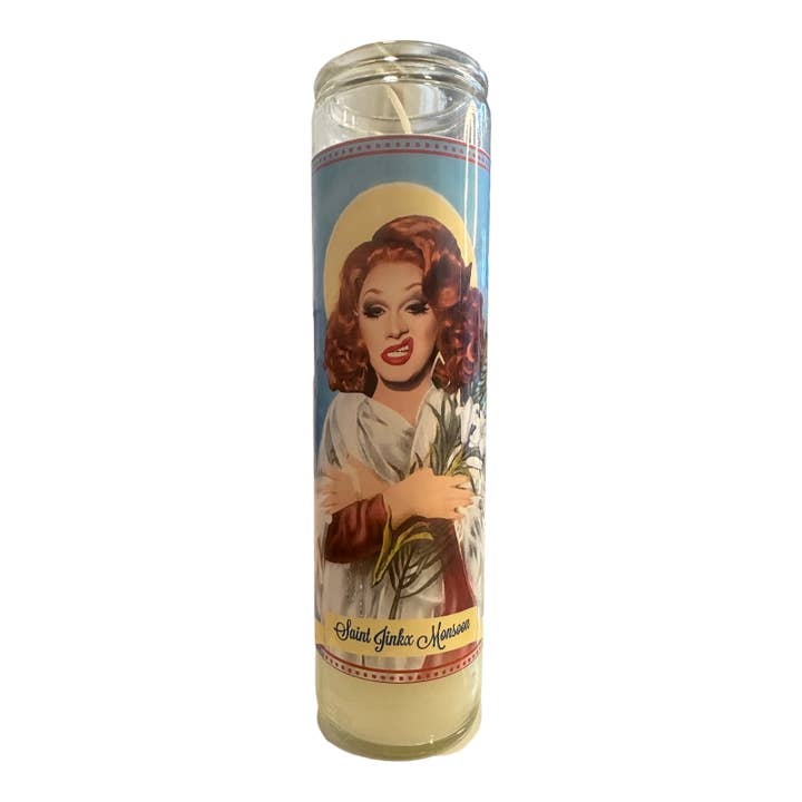 Jinkx Monsoon Devotional Prayer Saint Candle for wholesale by The Luminary and Co.